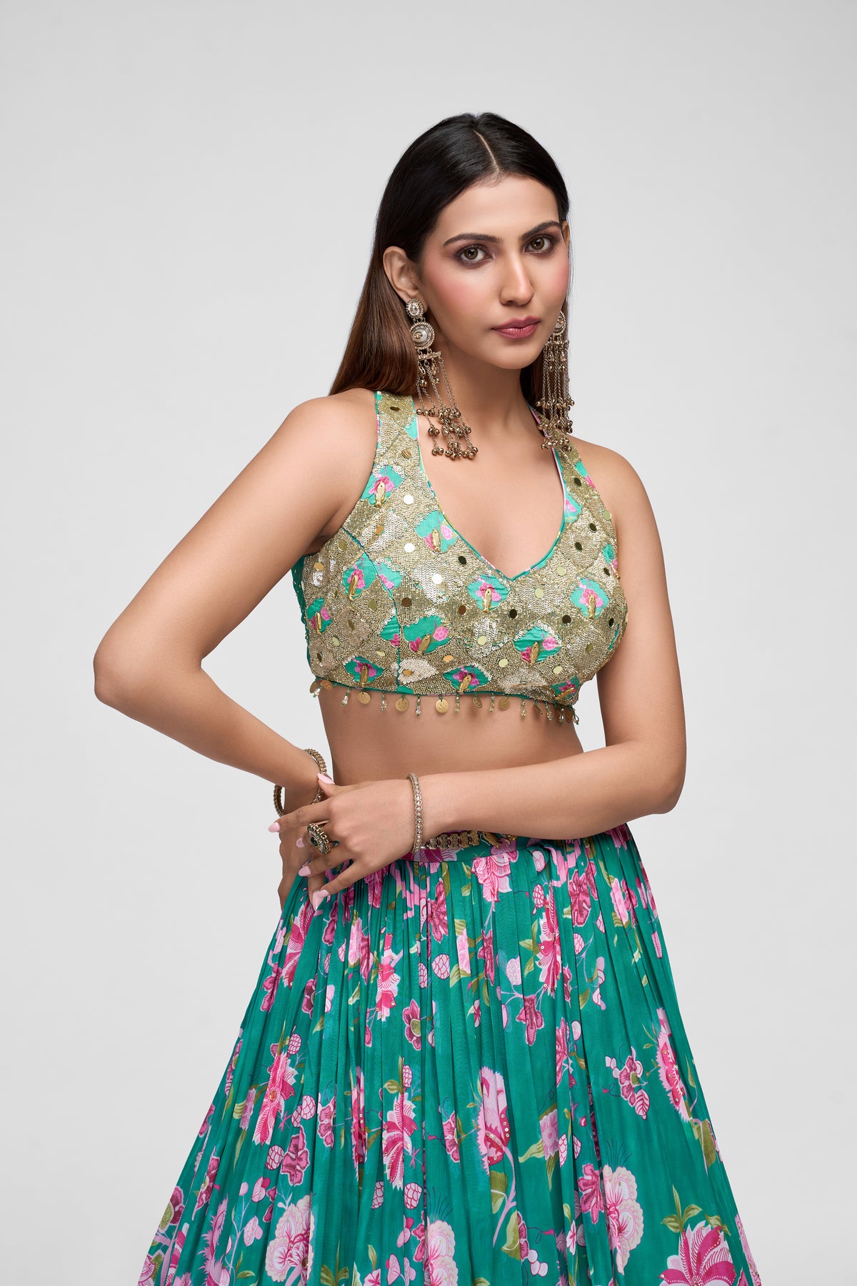 GREEN SEQUINS EMBROIDERED PRINTED GEORGETTE LEHENGA SET
