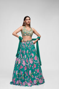 GREEN SEQUINS EMBROIDERED PRINTED GEORGETTE LEHENGA SET