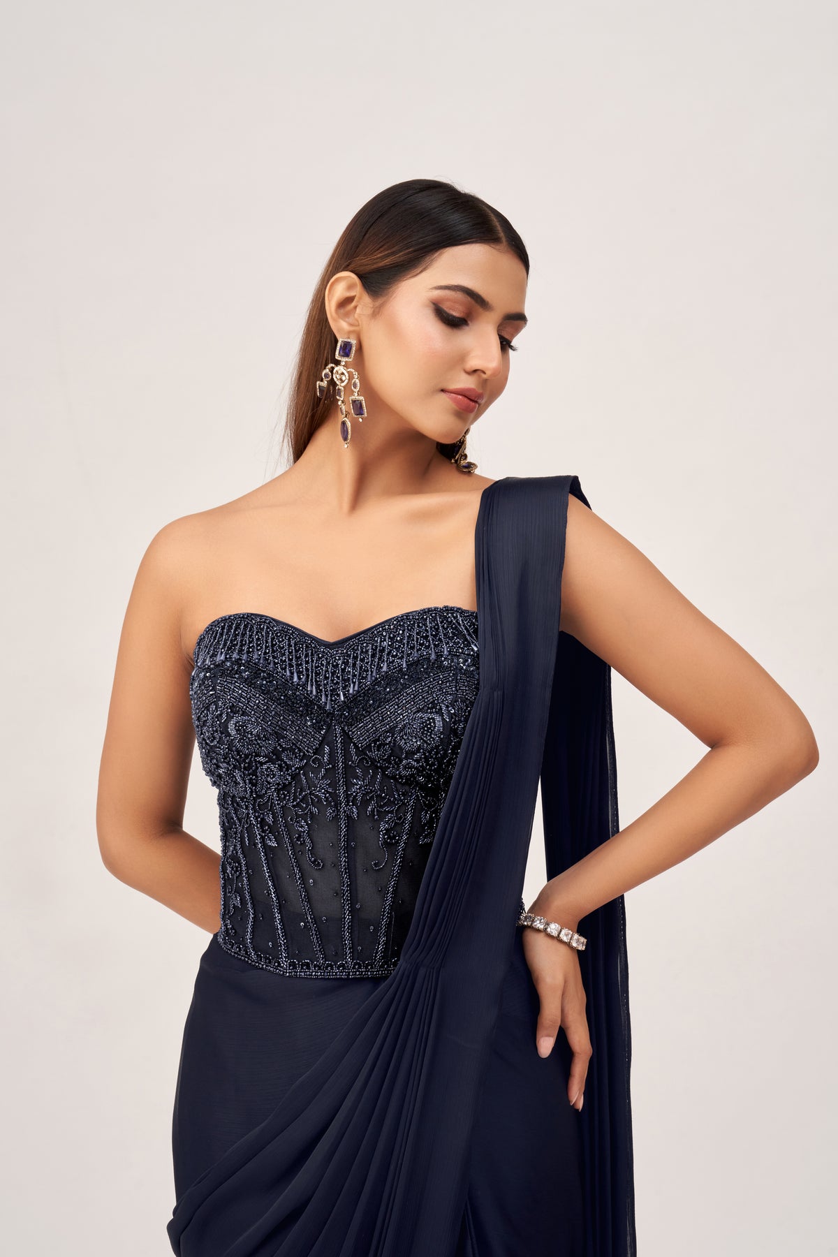 NAVY BLUE CORSET EMBROIDERED PRE DRAPED SAREE