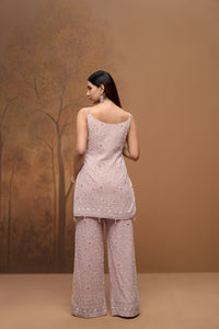 Detailed pink Lucknowi embroidery on georgette sharara set, elegant wedding ethnic wear for women