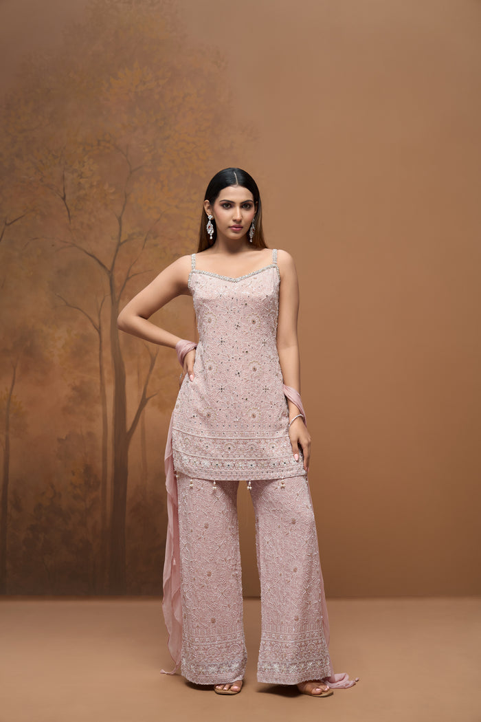 Pink Lucknowi embroidered georgette sharara set for women, elegant Indian ethnic wear
