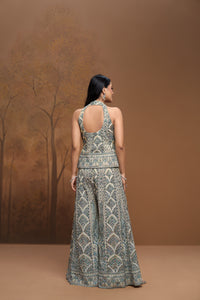 Cream mirror embroidered tissue silk sharara set for festive, wedding and party wear