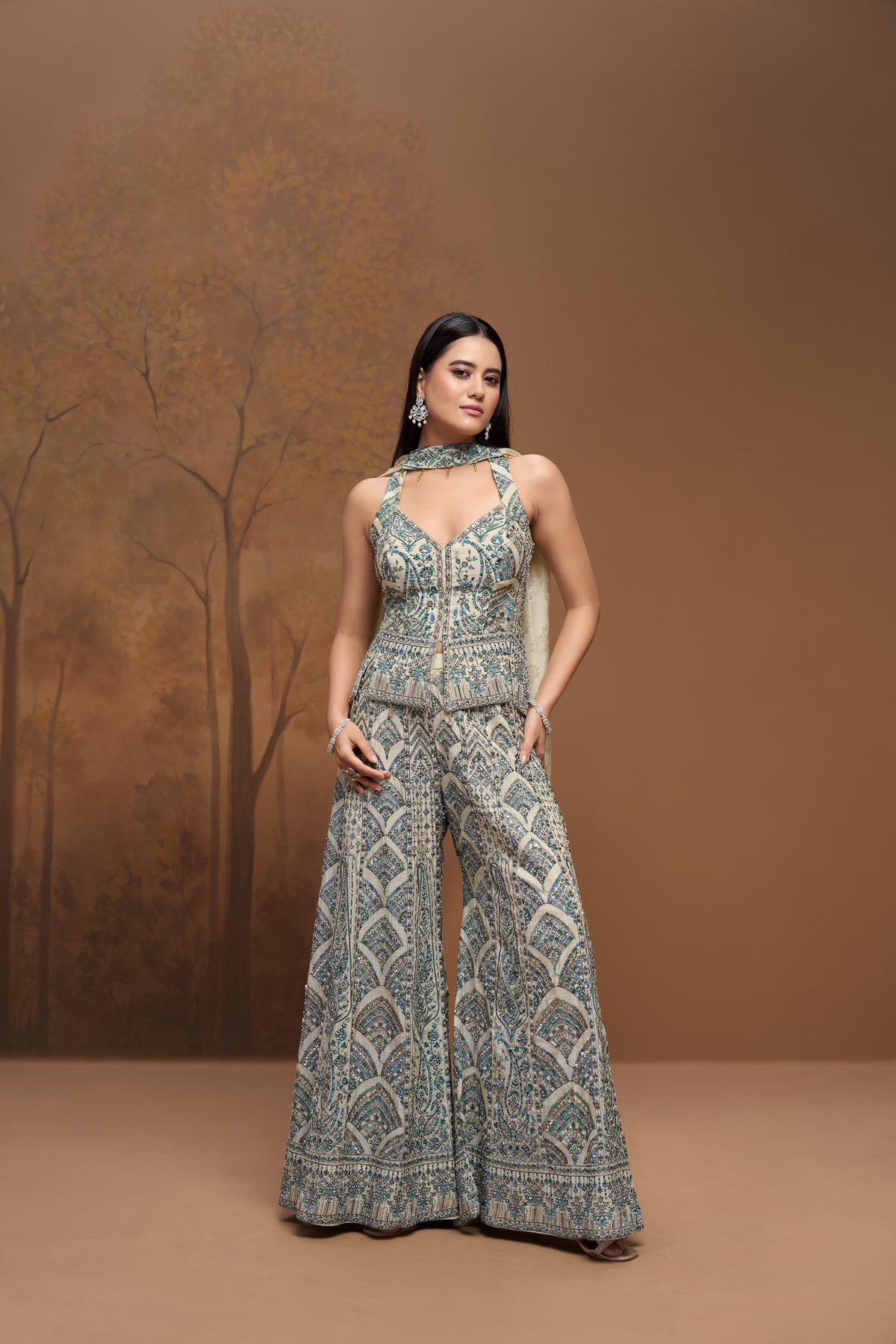 Cream tissue silk mirror embroidered sharara set for wedding and festive wear