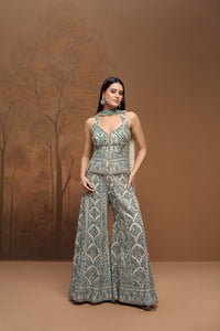 Cream tissue silk mirror embroidered sharara set for wedding and festive wear