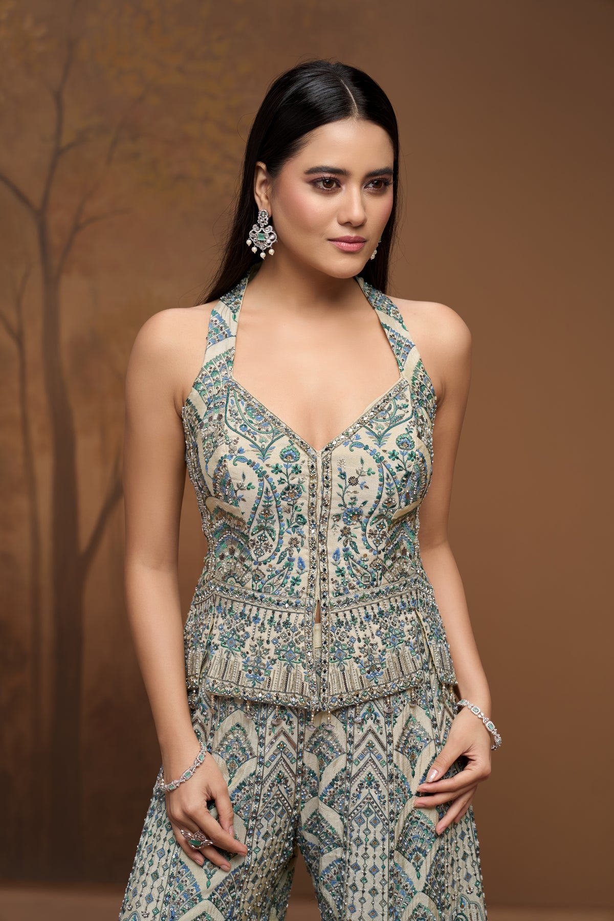 Designer cream tissue silk embroidered sharara set for Indian wedding and reception wear