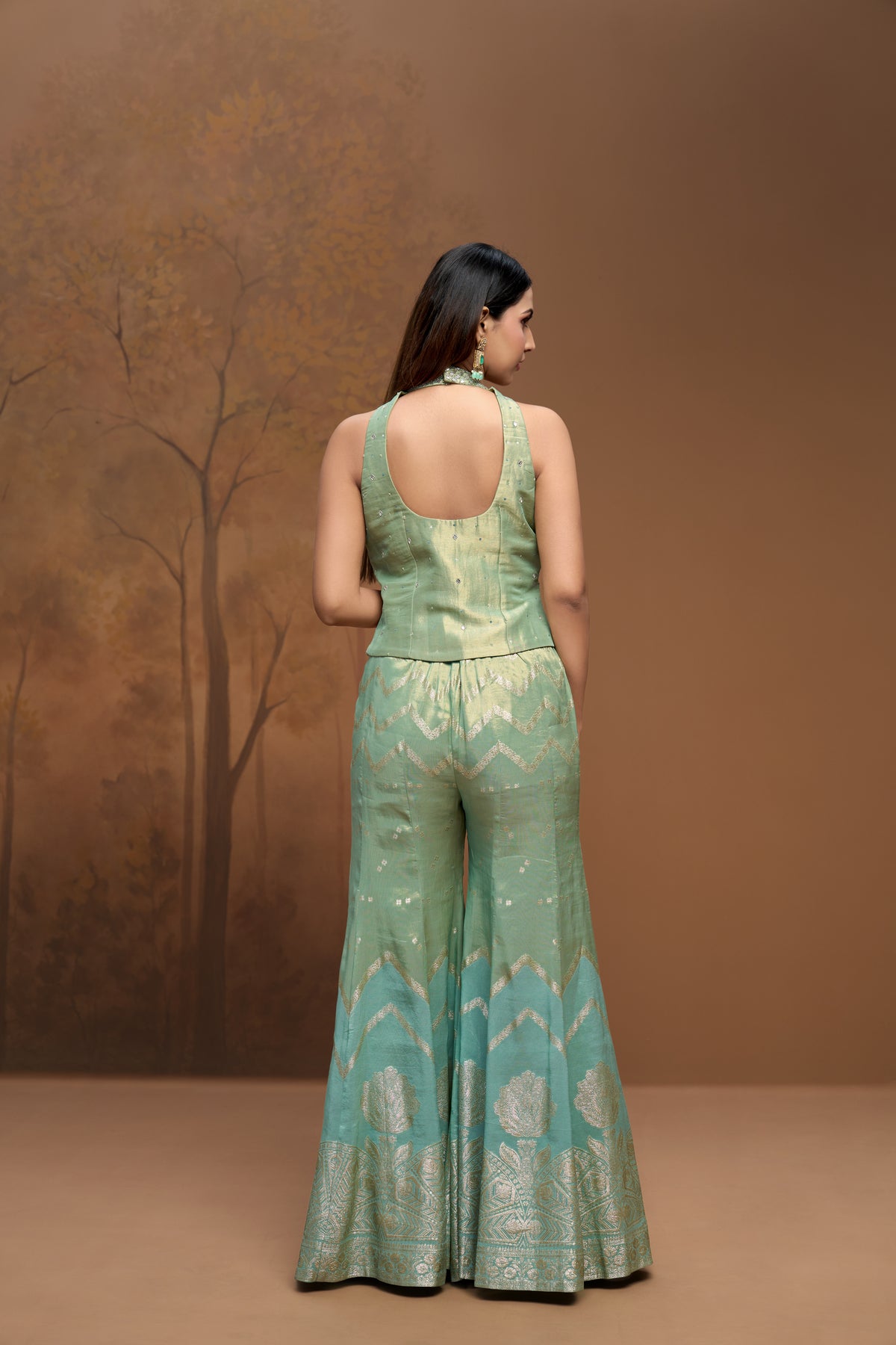 Green mirror embroidered corset and sharara set for Indian wedding, festive and party wear