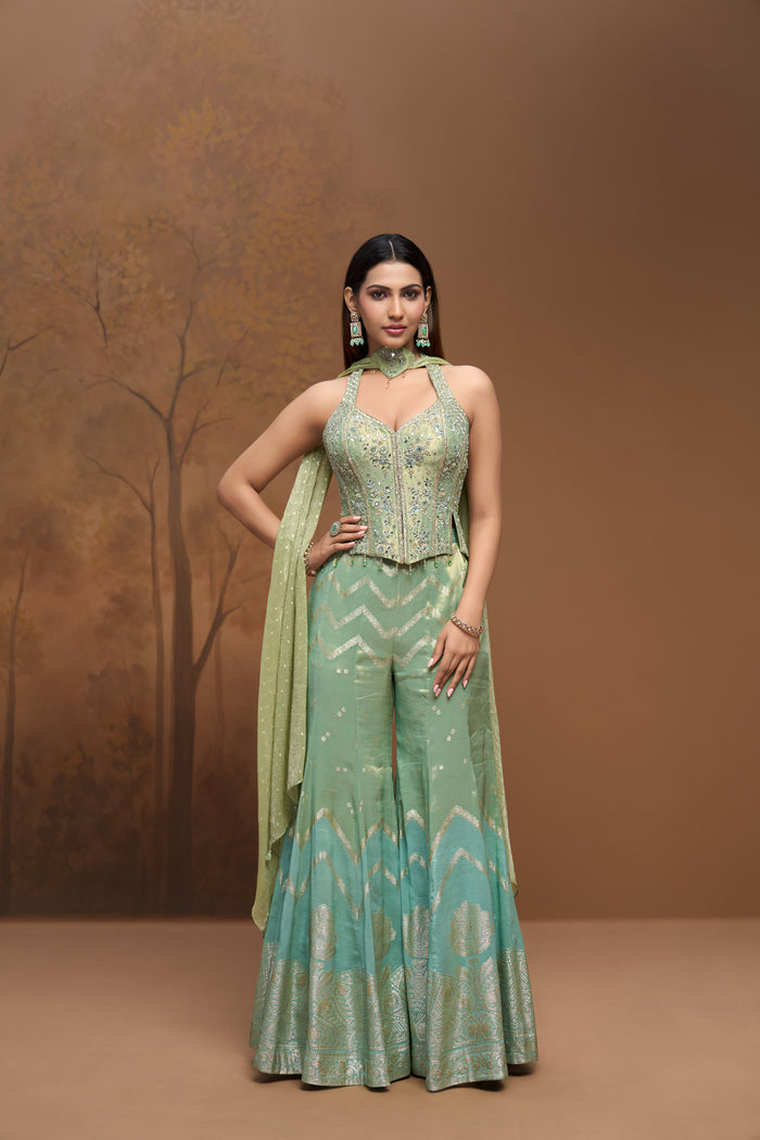 Green mirror work corset sharara set with tissue silk fabric for mehendi and sangeet