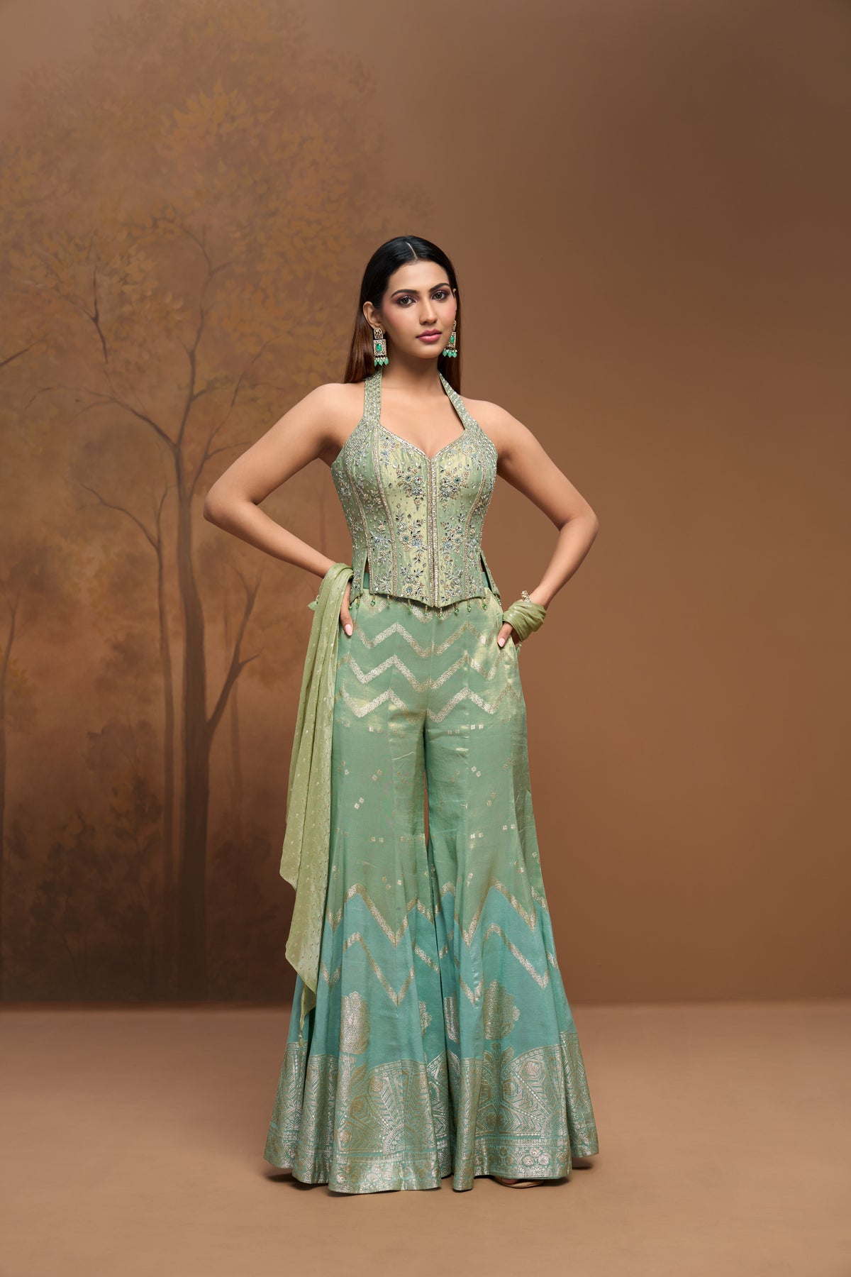 Green tissue silk mirror embroidered corset sharara set for wedding and festive wear