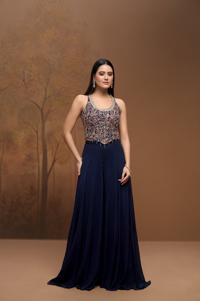 Multicolor mirror embroidered corset sharara set for wedding and festive wear