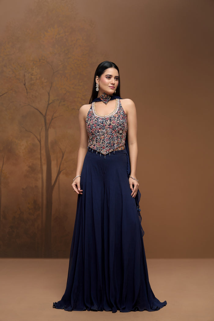 Multicolor mirror work corset sharara set for mehendi and sangeet celebrations
