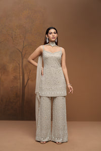 Front view of Ace Lucknowi embroidered georgette sharara set, festive wedding ethnic outfit