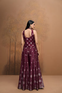 Maroon mirror embroidered silk sharara set with corset blouse for festive and party wear