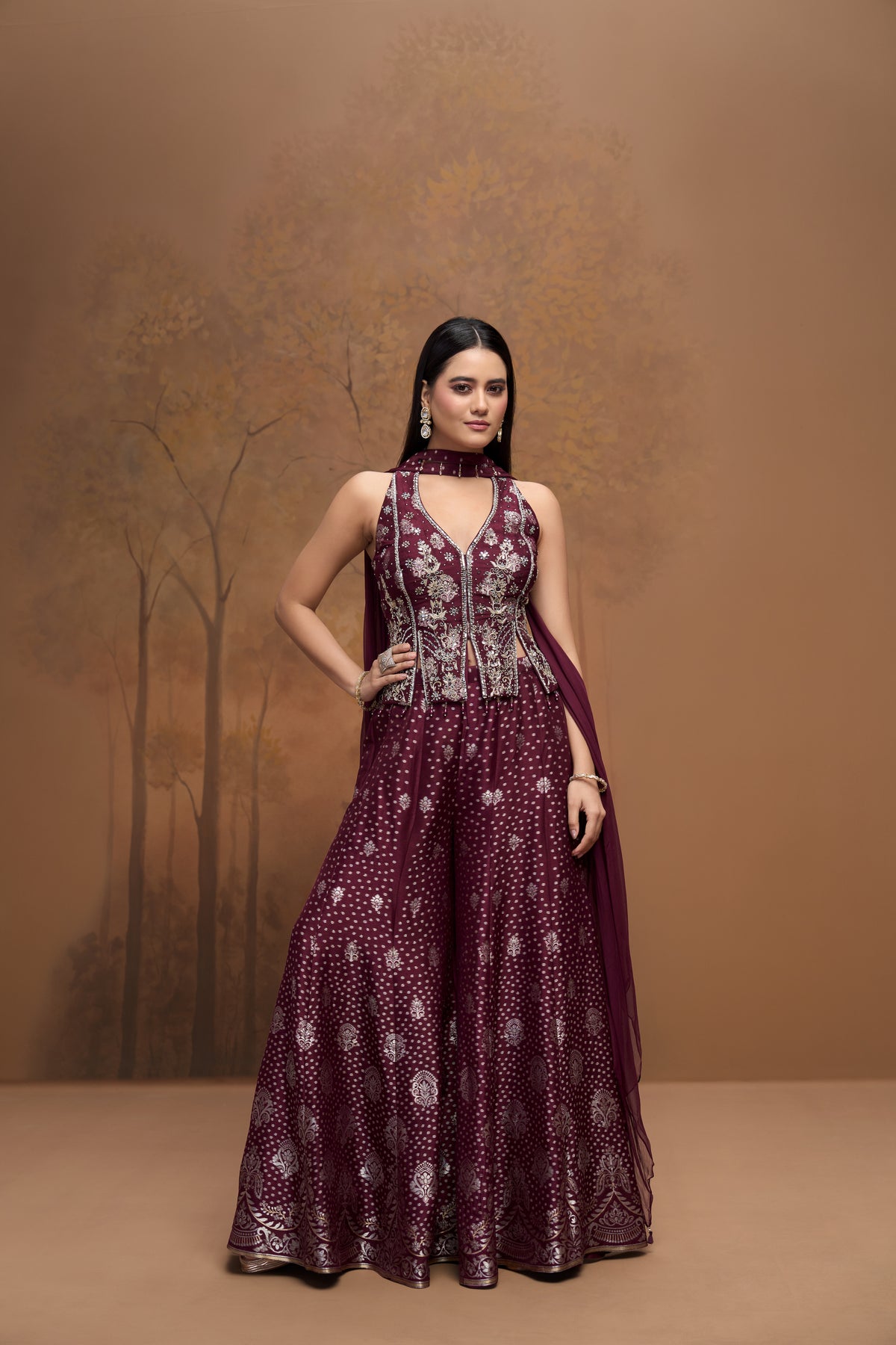 Maroon silk mirror embroidered corset sharara set for wedding and festive wear