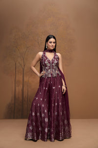 Maroon silk mirror embroidered corset sharara set for wedding and festive wear