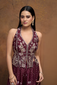 Designer maroon silk embroidered corset sharara set for Indian wedding and reception wear