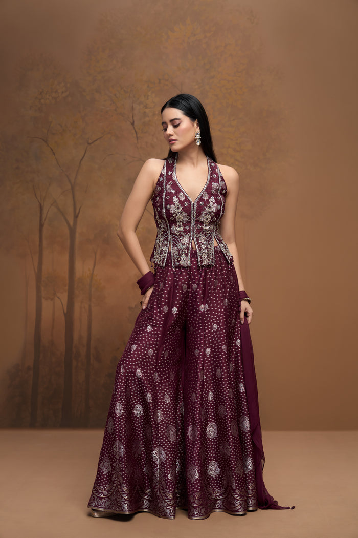 Maroon mirror work silk corset sharara set for mehendi and sangeet celebrations