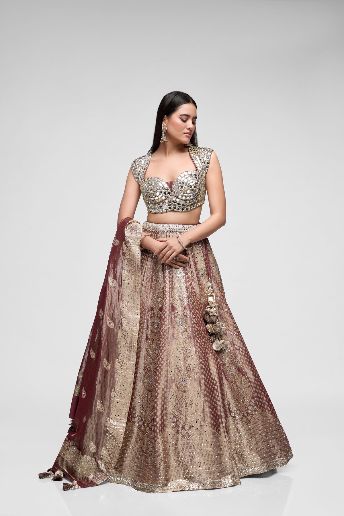 Brown Banarasi tissue silk wedding lehenga set with intricate mirror embroidery and embellished blouse
