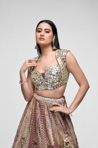 Banarasi tissue silk bridal lehenga in brown with detailed mirror embroidery and traditional wedding blouse