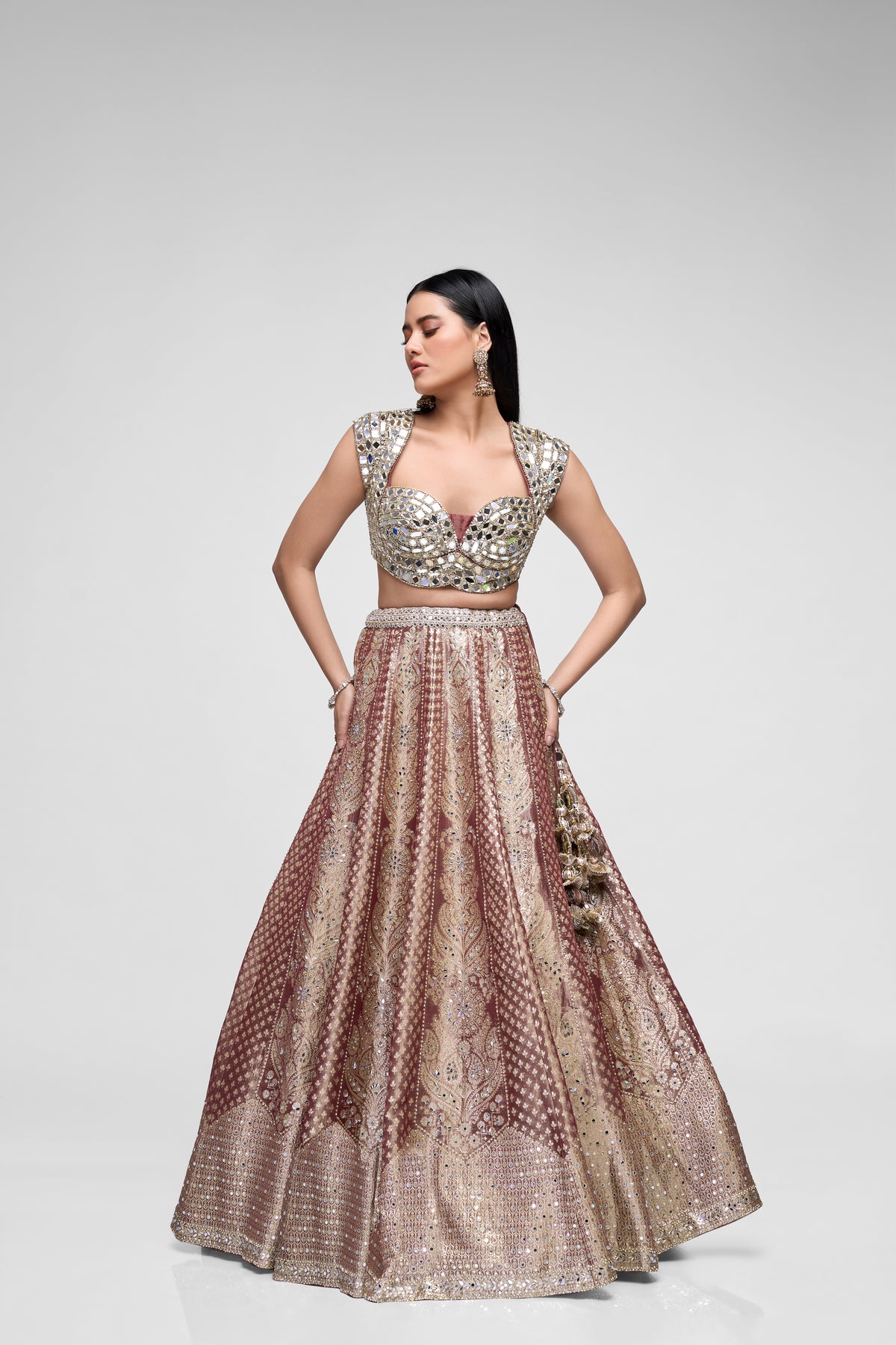Brown mirror work lehenga set with Banarasi tissue silk skirt for wedding, sangeet and reception wear