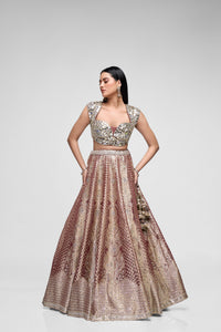 Brown mirror work lehenga set with Banarasi tissue silk skirt for wedding, sangeet and reception wear