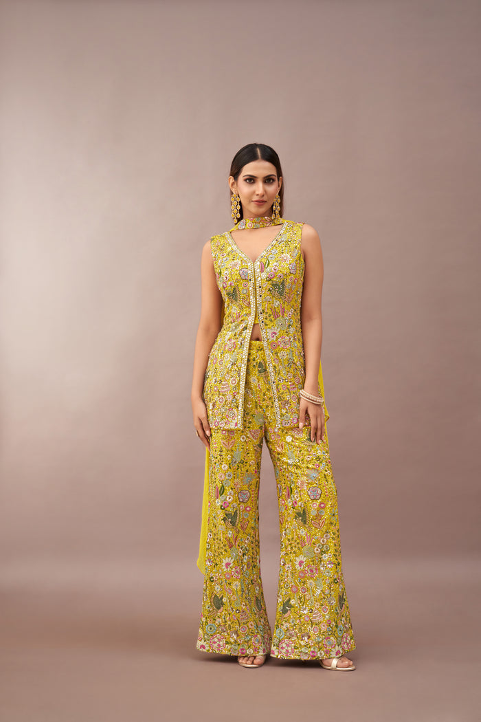 YELLOW GEORGETTE EMBROIDERED SHARARA SET