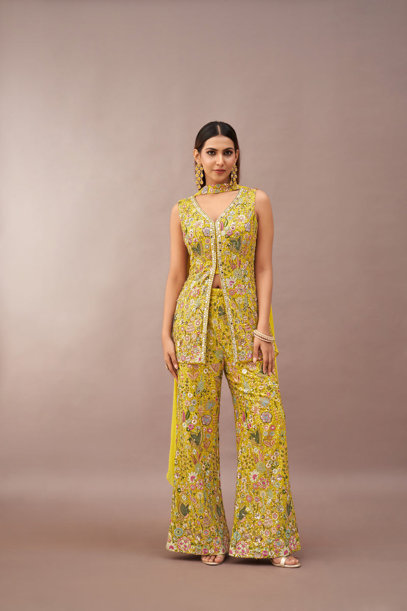 YELLOW GEORGETTE EMBROIDERED SHARARA SET