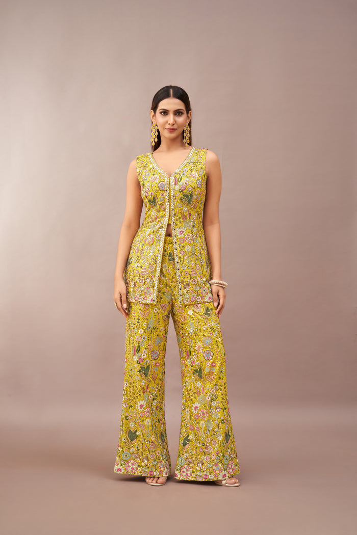 YELLOW GEORGETTE EMBROIDERED SHARARA SET