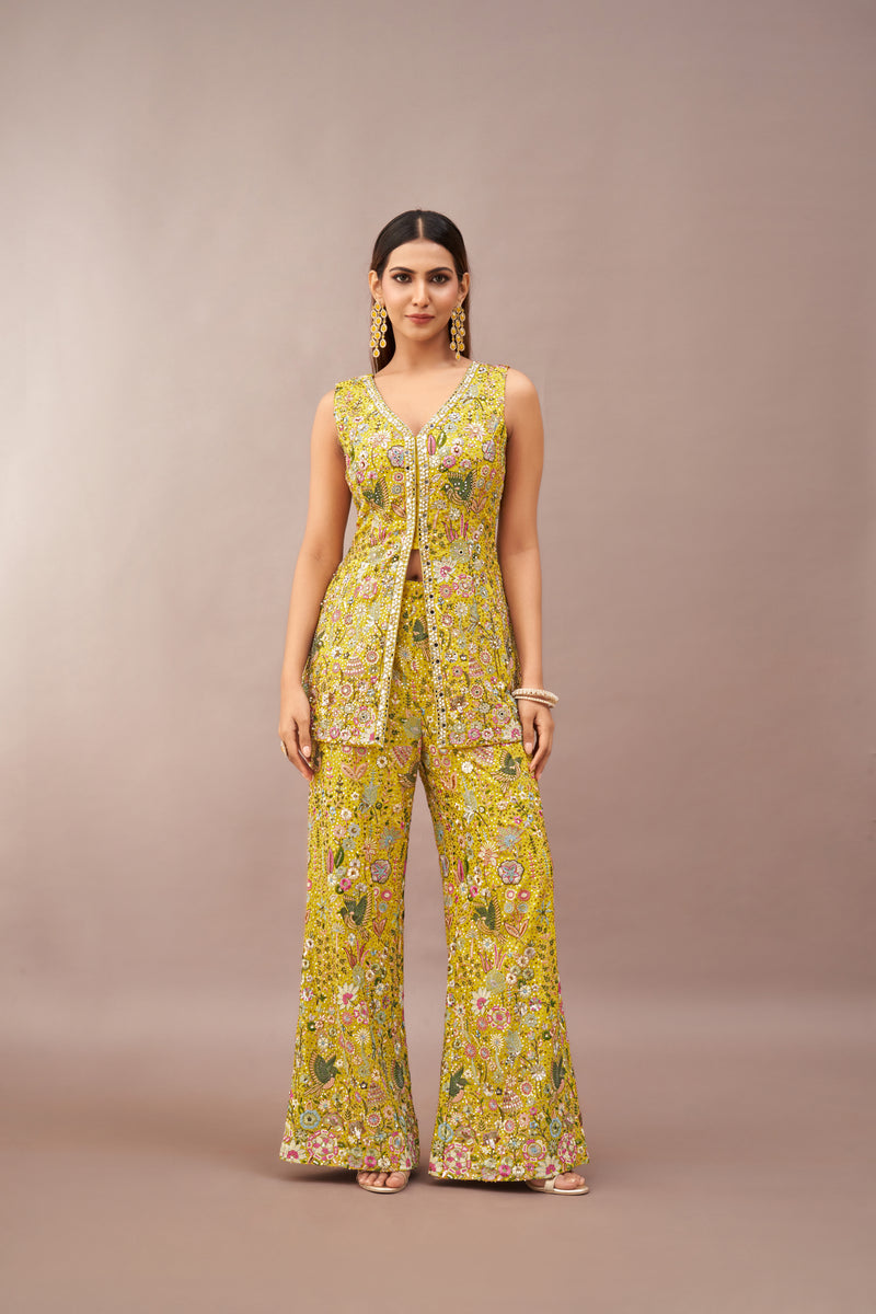 YELLOW GEORGETTE EMBROIDERED SHARARA SET
