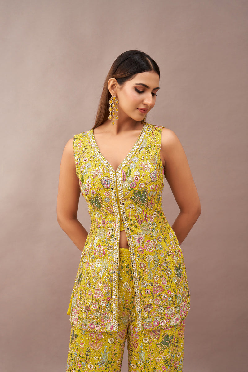 YELLOW GEORGETTE EMBROIDERED SHARARA SET