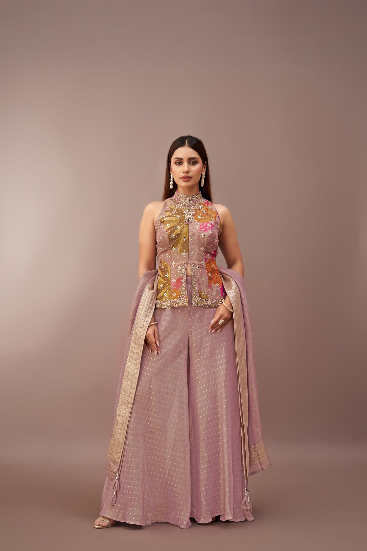 LAVENDER TISSUE SILK EMBROIDERED SHARARA SET