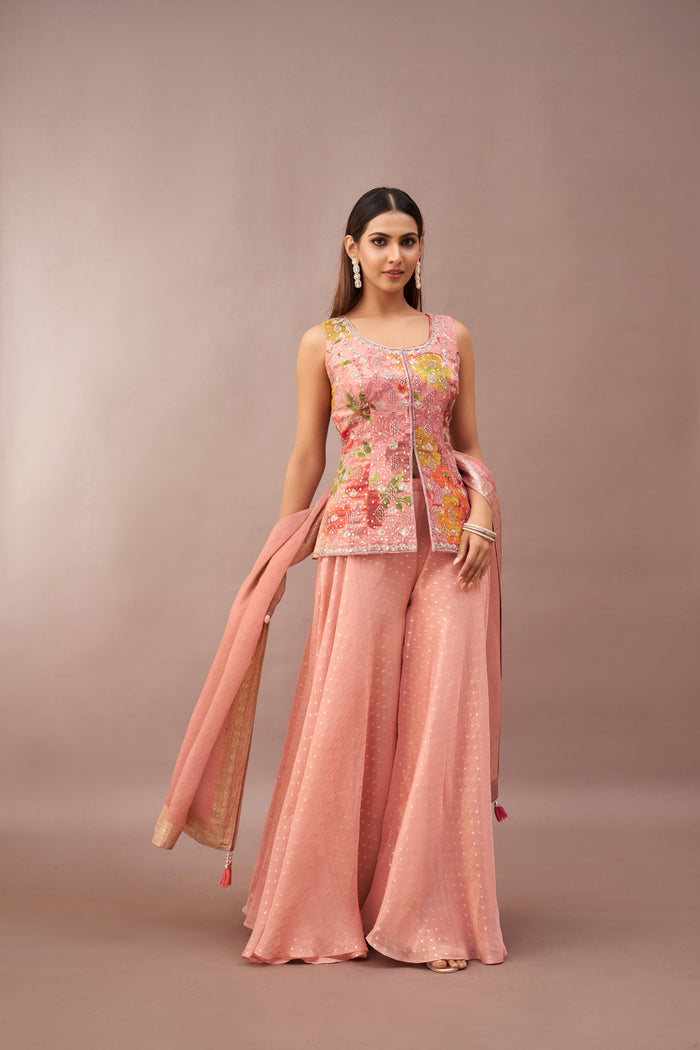 PEACH TISSUE MIRROR EMBROIDERED SHARARA SET | Nishly Fashion House