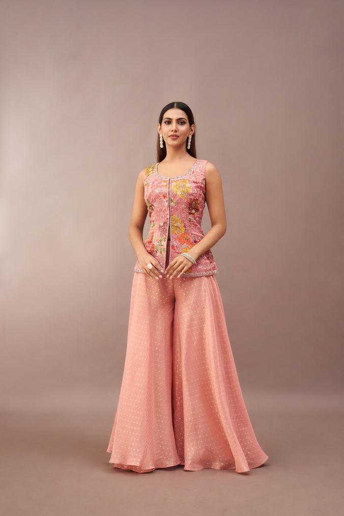PEACH TISSUE MIRROR EMBROIDERED SHARARA SET | Nishly Fashion House