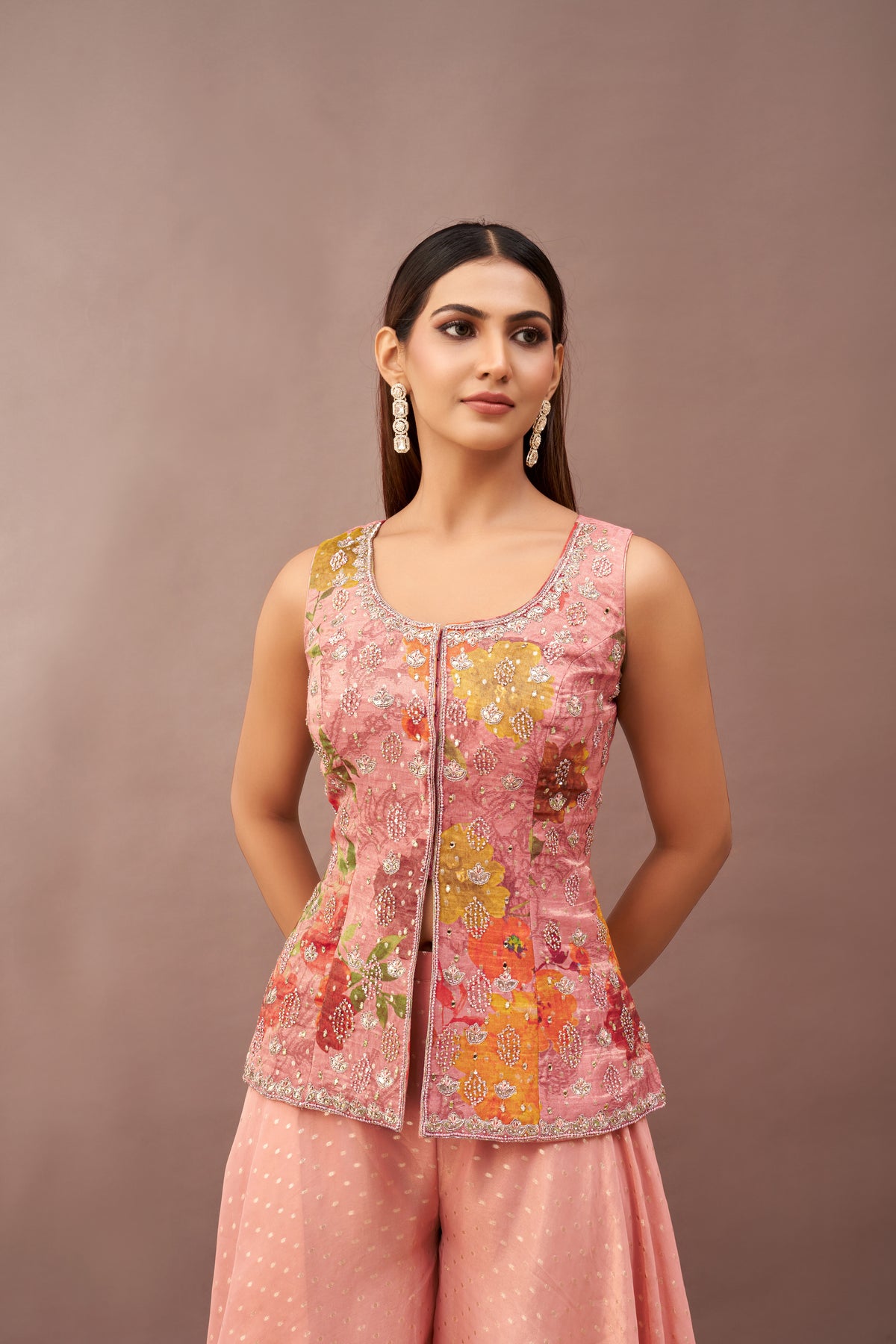 PEACH TISSUE MIRROR EMBROIDERED SHARARA SET | Nishly Fashion House