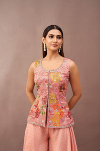 PEACH TISSUE MIRROR EMBROIDERED SHARARA SET | Nishly Fashion House