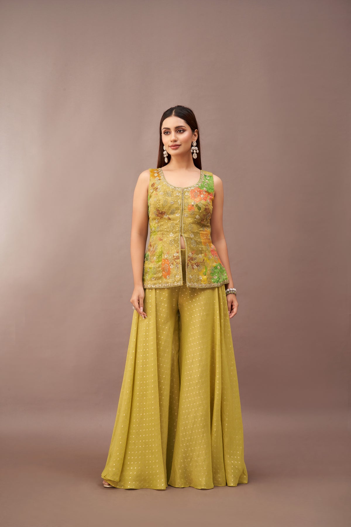 GREEN TISSUE MIRROR EMBROIDERED SHARARA SET | Nishly Fashion House