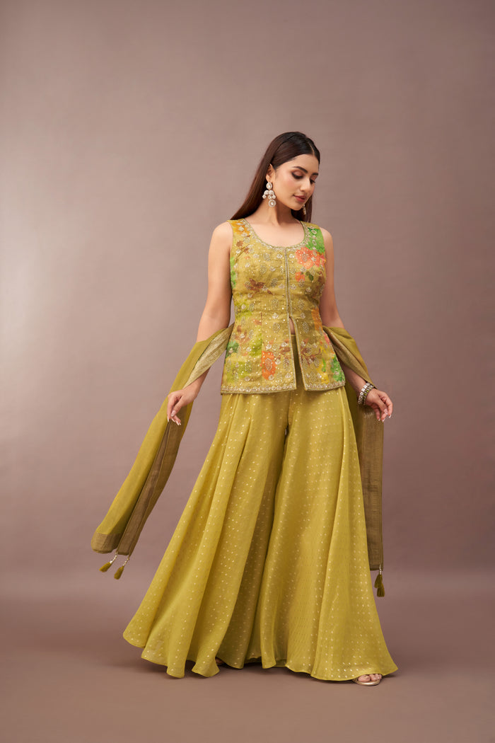 GREEN TISSUE MIRROR EMBROIDERED SHARARA SET | Nishly Fashion House