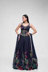 Black flower embroidered printed corset lehenga set with stylish blouse, perfect for Indian weddings, sangeet, and festive celebrations.