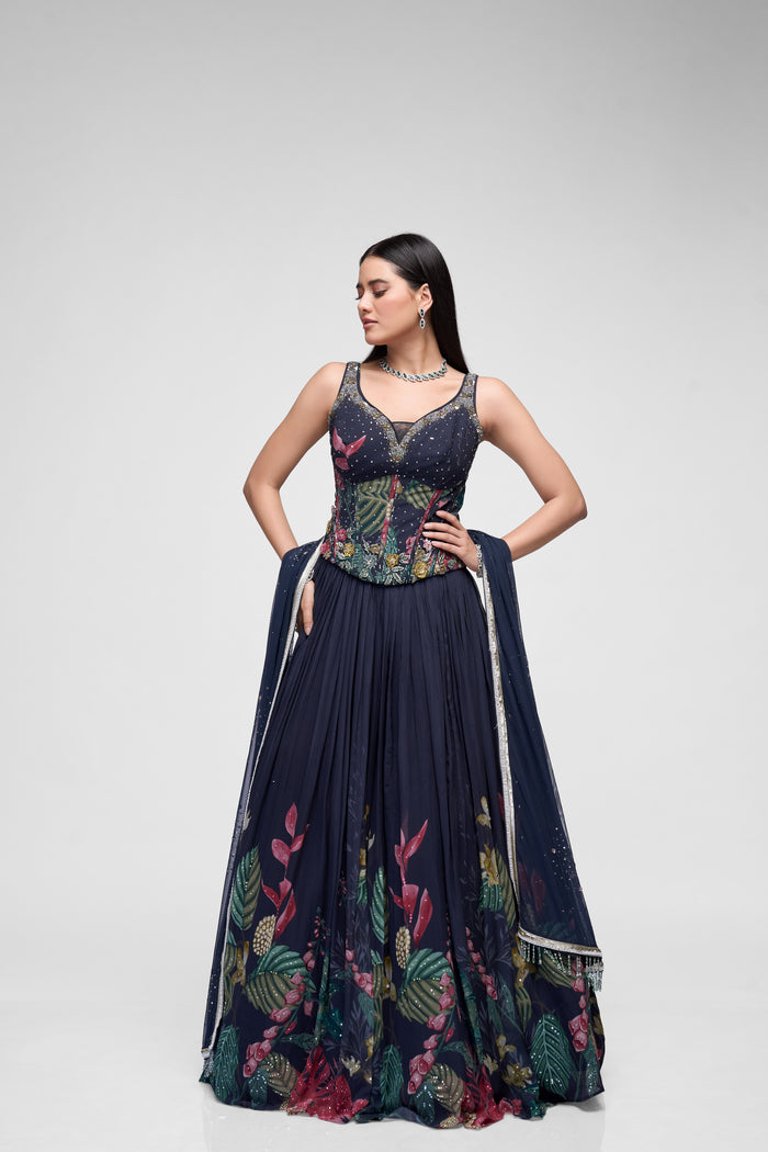 Black flower embroidered printed corset lehenga set with stylish blouse, perfect for Indian weddings, sangeet, and festive celebrations.
