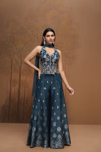 Blue mirror work silk corset sharara set for mehendi and sangeet celebrations