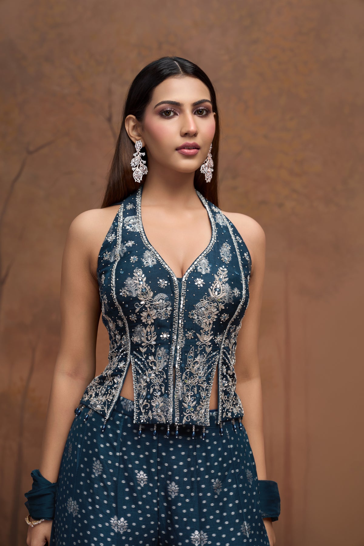 Designer blue silk embroidered corset sharara set for Indian wedding and reception wear