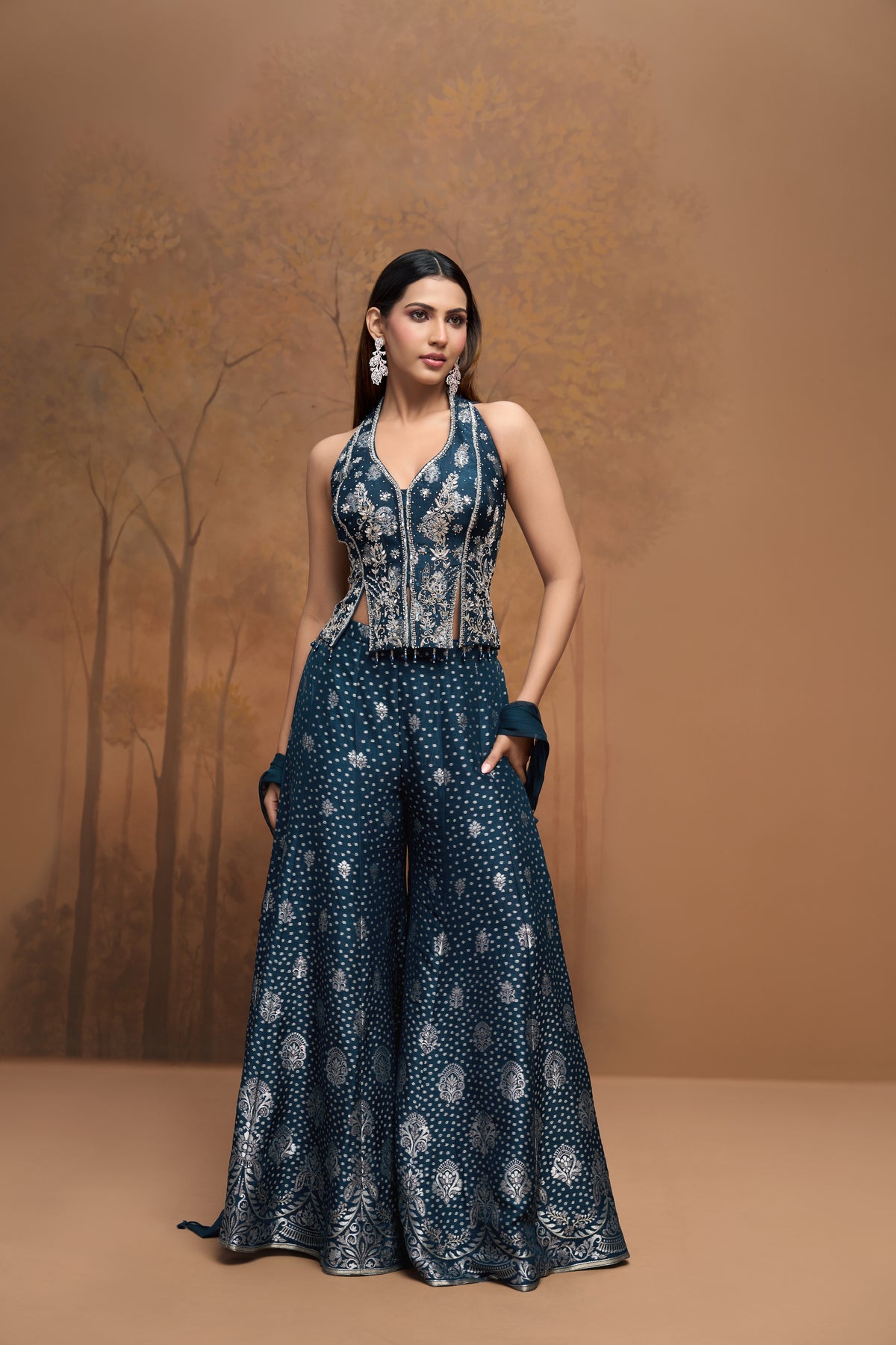 Blue silk mirror embroidered corset sharara set for wedding and festive wear
