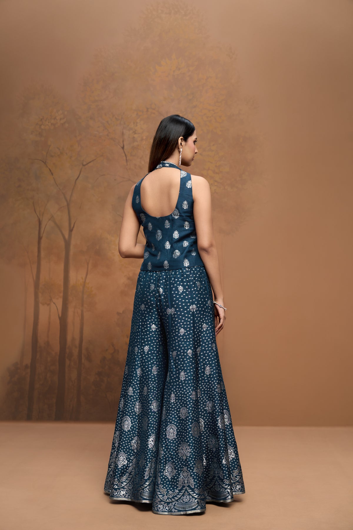 Blue mirror embroidered silk sharara set with corset blouse for festive and party wear