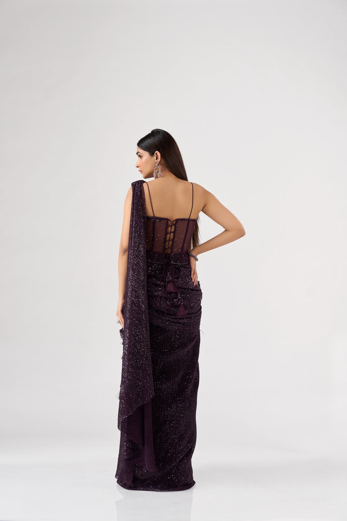 PURPLE SEQUINS EMBELLISHED CORSET PRE DRAPED SAREE | Nishly Fashion House