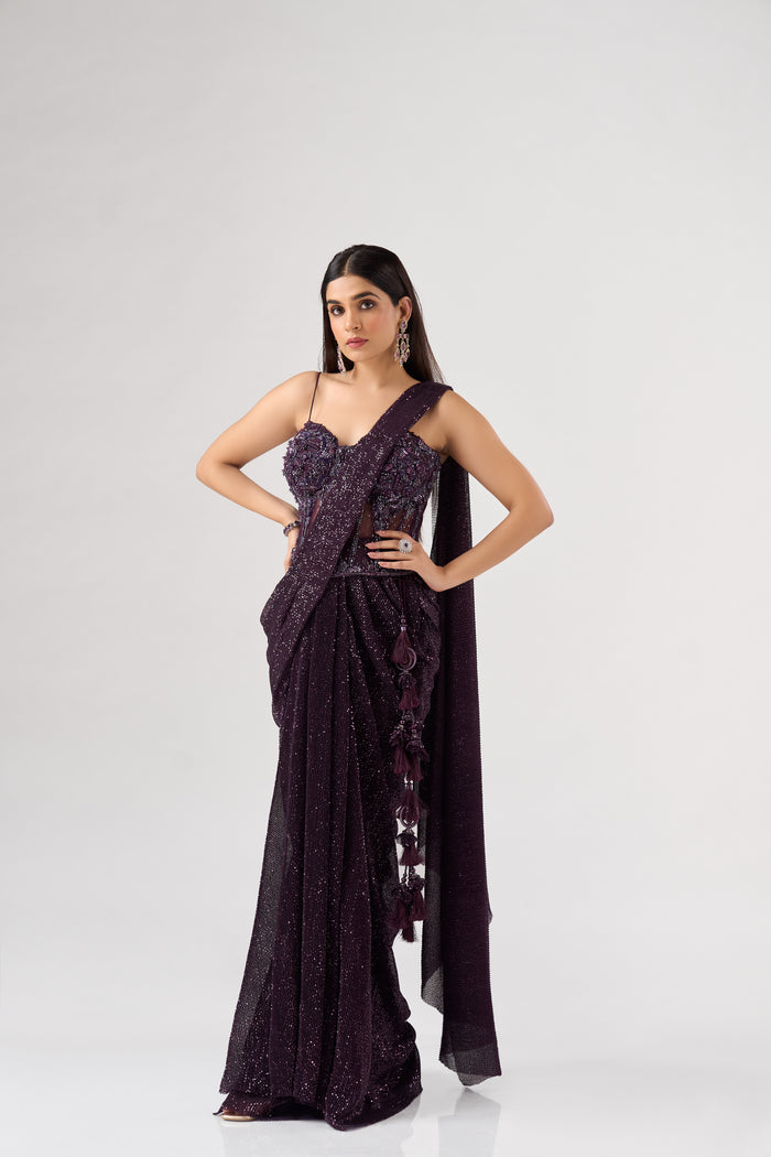 PURPLE SEQUINS EMBELLISHED CORSET PRE DRAPED SAREE | Nishly Fashion House