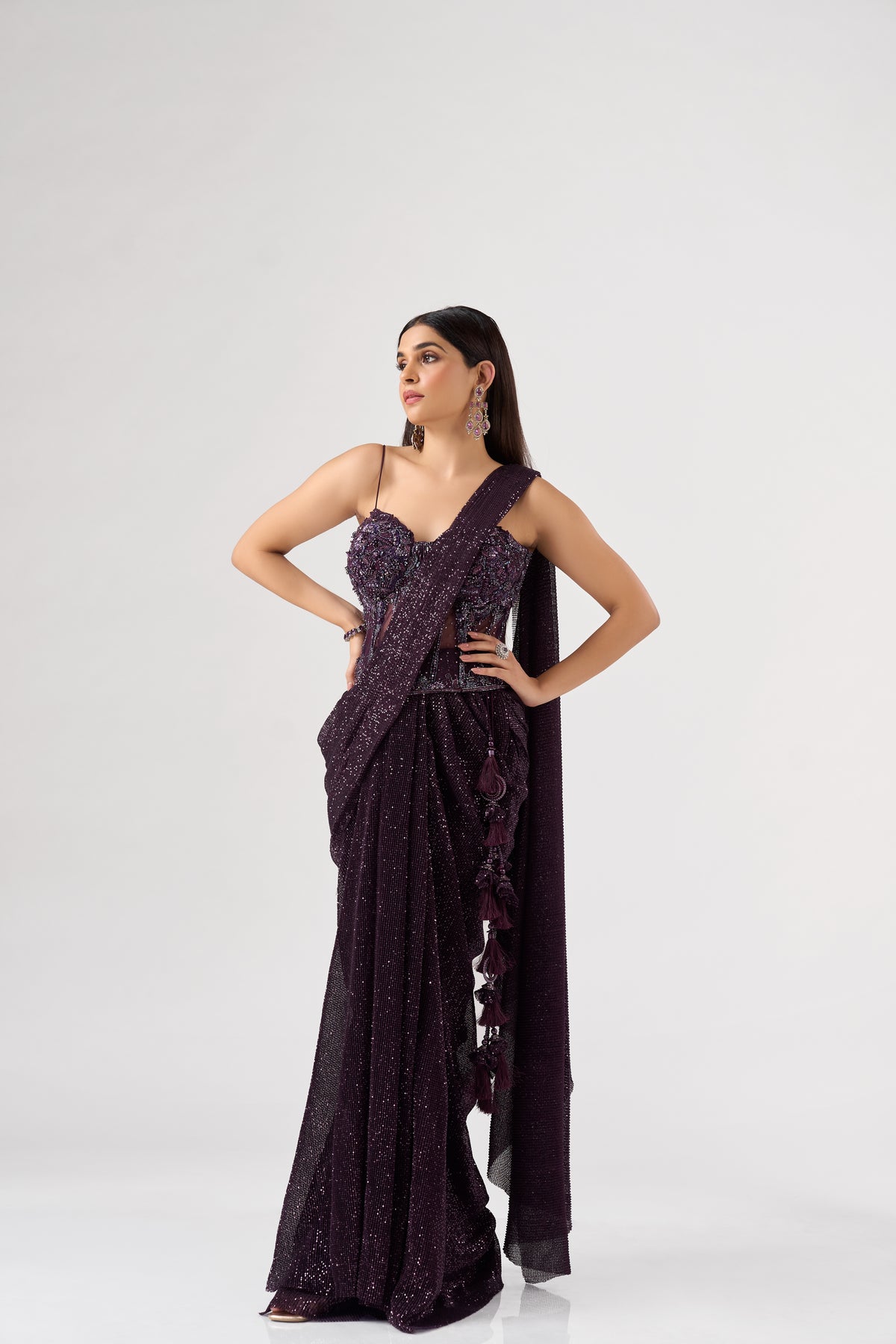 PURPLE SEQUINS EMBELLISHED CORSET PRE DRAPED SAREE | Nishly Fashion House