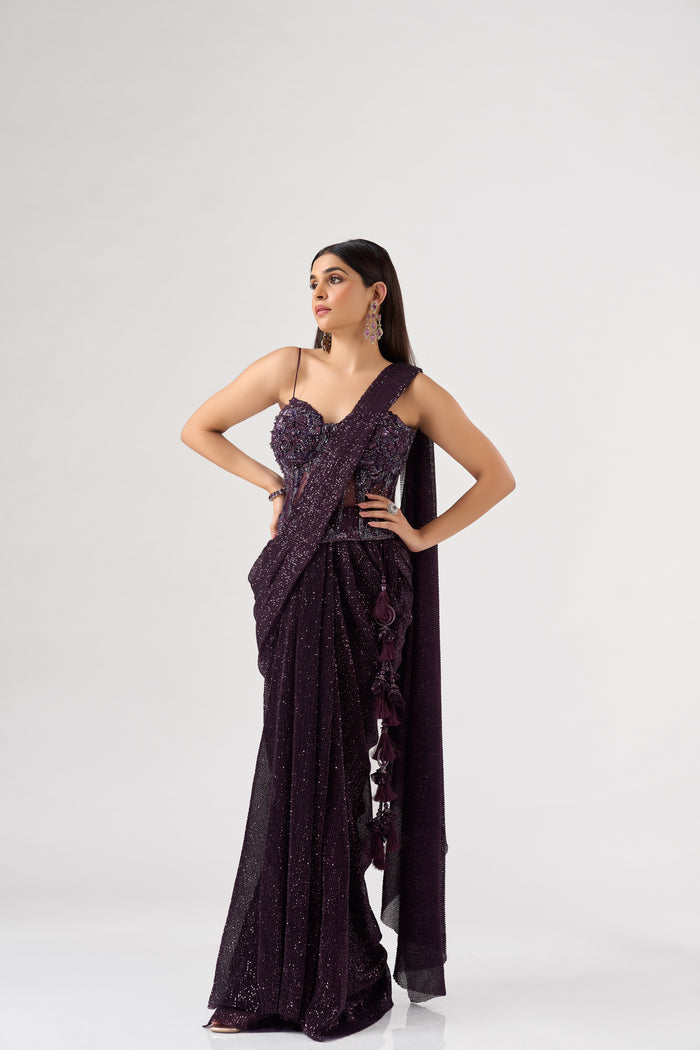 PURPLE SEQUINS EMBELLISHED CORSET PRE DRAPED SAREE | Nishly Fashion House