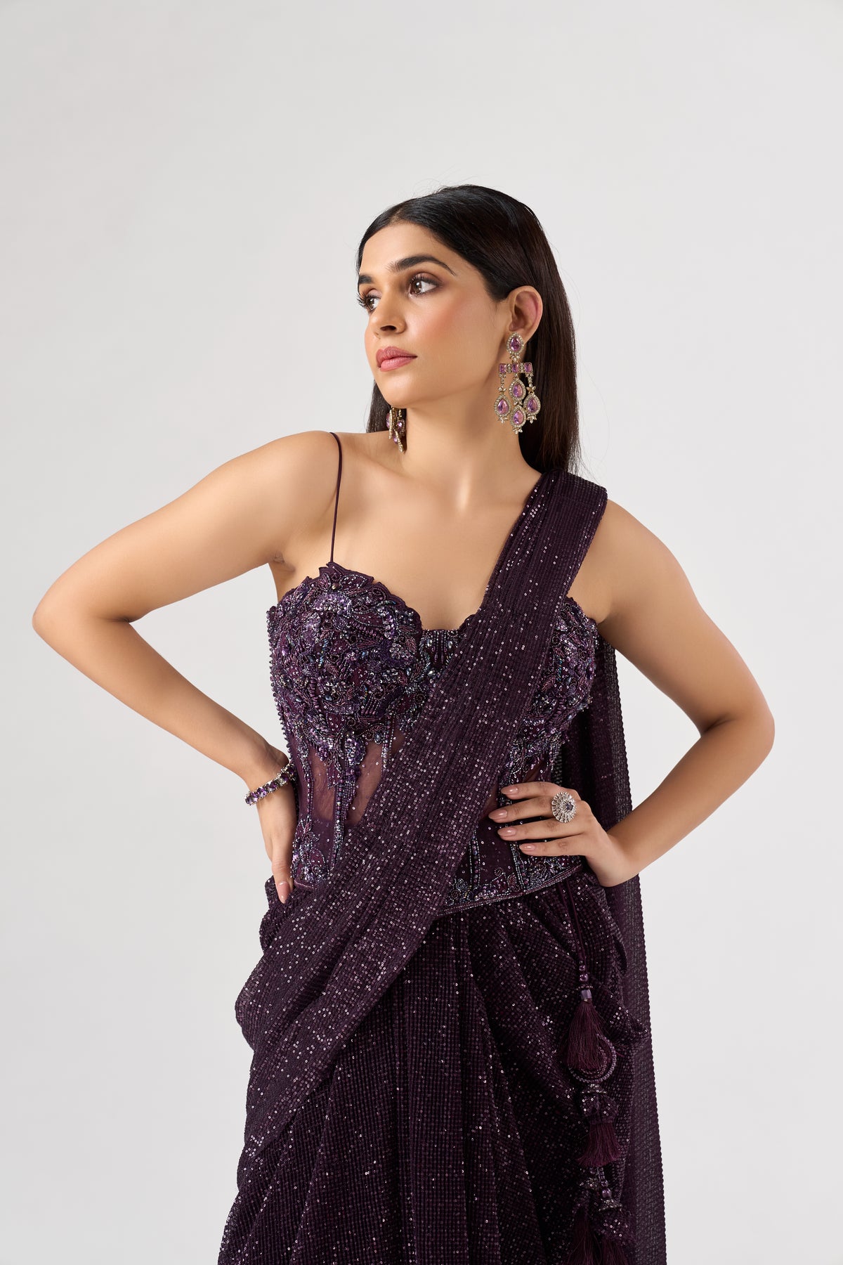 PURPLE SEQUINS EMBELLISHED CORSET PRE DRAPED SAREE | Nishly Fashion House