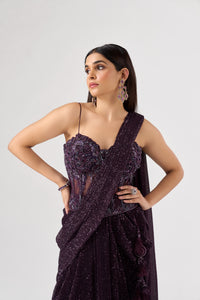 PURPLE SEQUINS EMBELLISHED CORSET PRE DRAPED SAREE | Nishly Fashion House