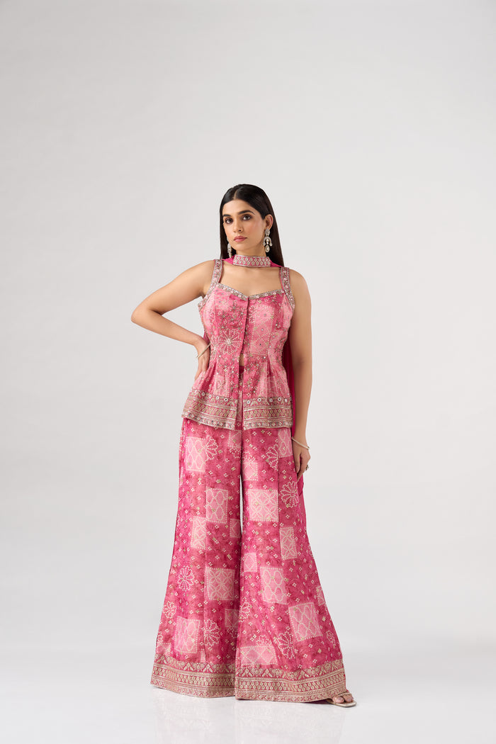 PINK EMBROIDERED BANDHANI PRINT SHARARA SET | Nishly Fashion House
