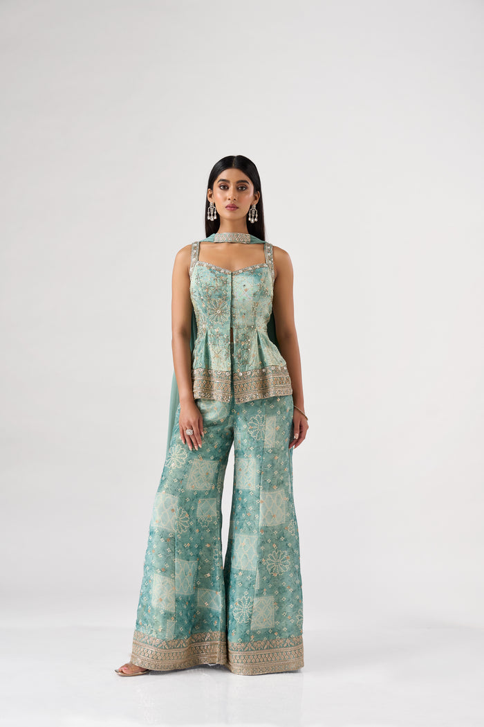 BLUE EMBROIDERED BANDHANI PRINT SHARARA SET | Nishly Fashion House